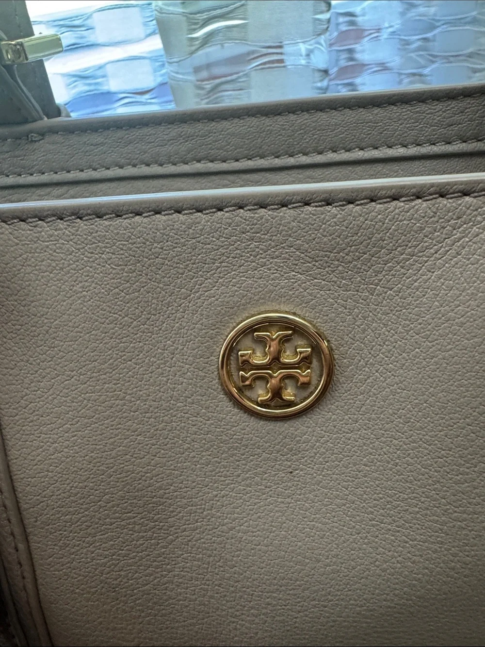 Tory Burch gray Pebbled Leather Tote with Gold Logo